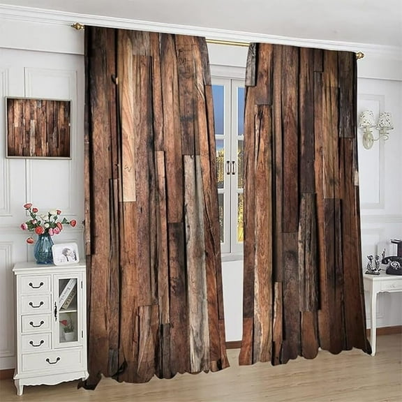 Rustic Wood Curtains, Brown Wooden Barn Door Countryside Vintage Style Blackout Rod Pocket Window Drapes For Living Room Bedroom Kitchen Bathroom Decor 26"W x 45"L (Pack of 2)