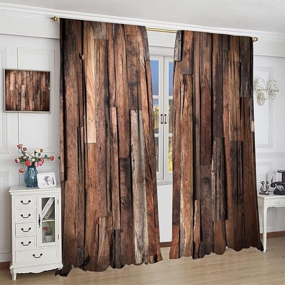 Rustic Wood Curtains, Brown Wooden Barn Door Countryside Vintage Style Blackout Rod Pocket Window Drapes For Living Room Bedroom Kitchen Bathroom Decor 42"W x 108"L (Pack of 2)