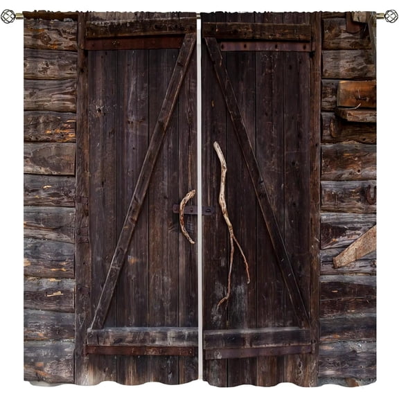 Rustic Wood Curtains Vintage Barn Door Farmhouse Cottage Barn Door Pattern Blackout Curtains Country Living Room Style Printed Curtains 52x84 Inches