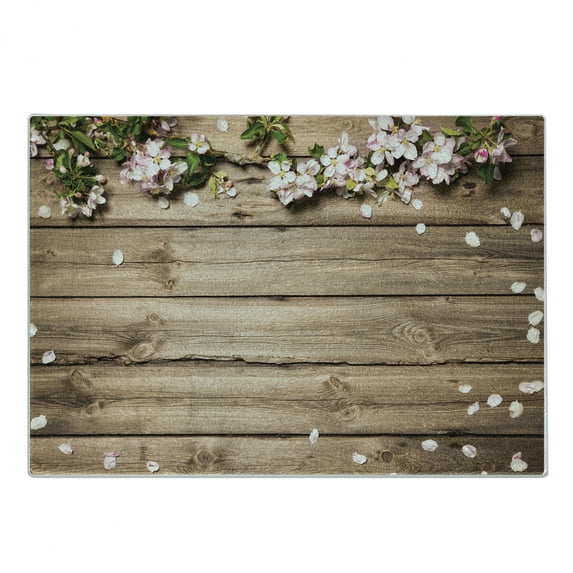 Rustic Wood Cutting Board, Composition with Fallen Petals Nature Elements, Decorative Tempered Glass Cutting and Serving Board, in 3 Sizes, by Ambesonne