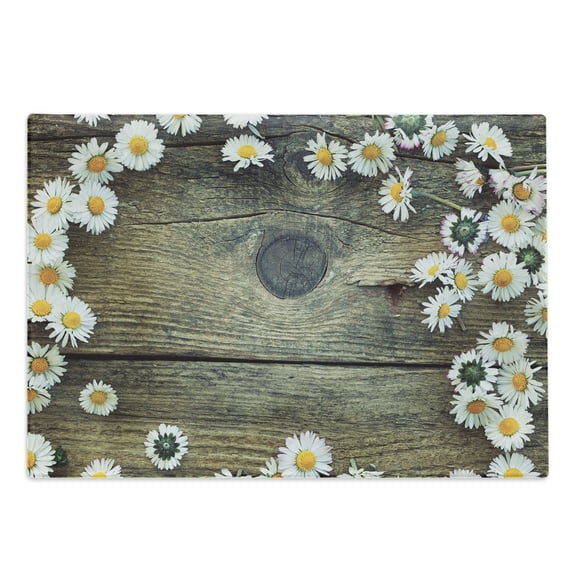 Rustic Wood Cutting Board, Composition with Fresh Spring Season Daisies Blossoming Nature Foliage Design, Decorative Tempered Glass Cutting and Serving Board, in 3 Sizes, by Ambesonne