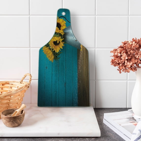 Rustic Wood Cutting Board, Flowers in Antique Vase on Teal Toned Background Retro Style Photography Print, Decorative Tempered Glass Cutting and Serving Board, in 3 Sizes, by Ambesonne