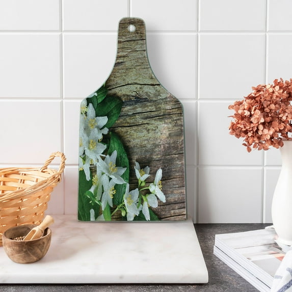 Rustic Wood Cutting Board, Jasmine Flower on the Table Retro Style Composition, Decorative Tempered Glass Cutting and Serving Board, in 3 Sizes, by Ambesonne