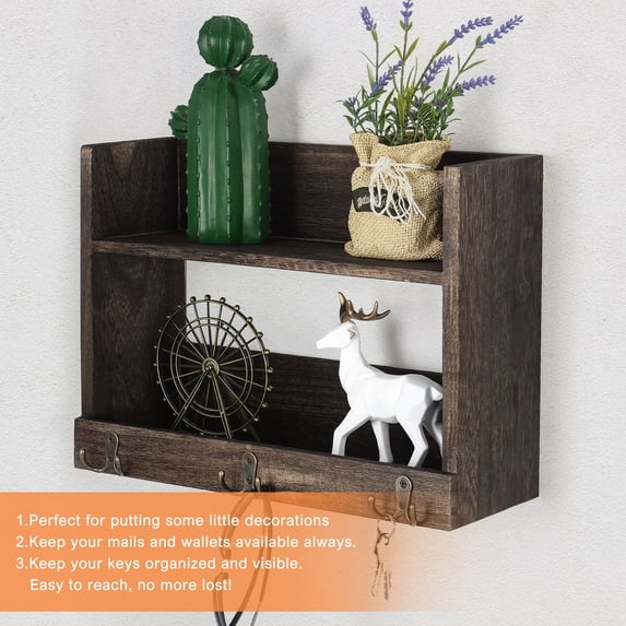 Rustic Wood Decoration Floating Storage Shelf with 3 Hooks, Brown