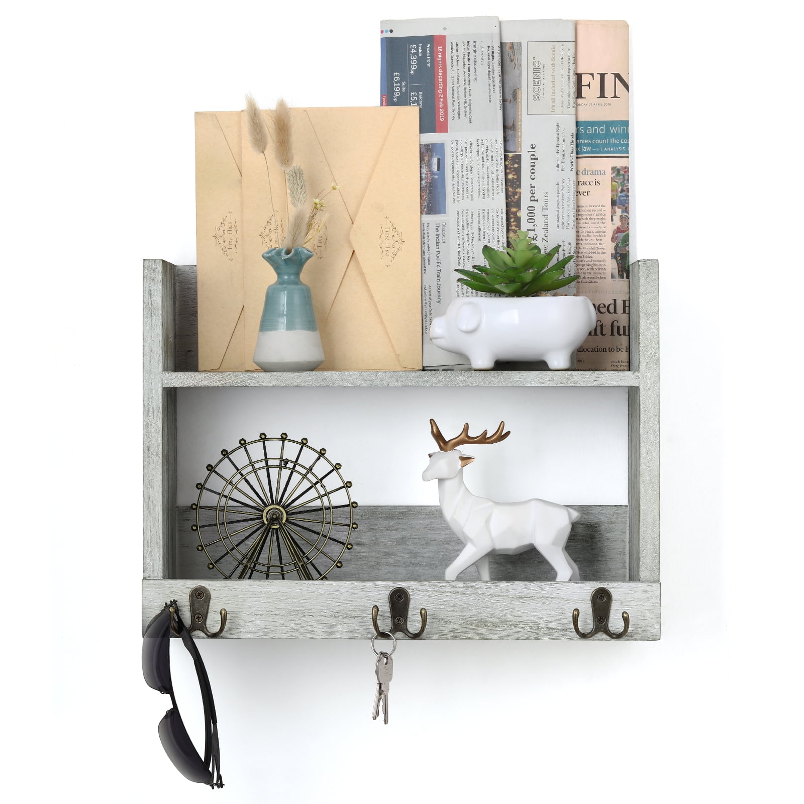 Rustic Wood Decoration Floating Storage Shelf with 3 Hooks, Olive Green
