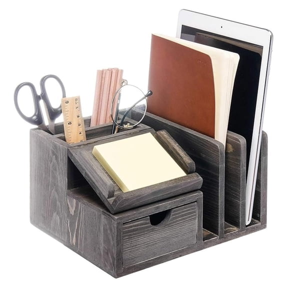 Rustic Wood Desk Organizer - Mail File Holder, Office Supplies Caddy - Gray Wooden Desktop Sorter with Drawer - Home Office Accessories