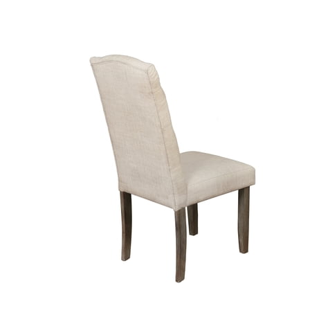 Rustic Wood Dining Chairs Upholstered with Beige Linen Fabric (Set of 2)