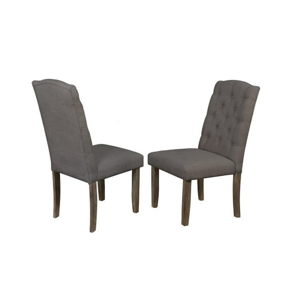 Rustic Wood Dining Chairs Upholstered with Gray Linen Fabric (Set of 2)