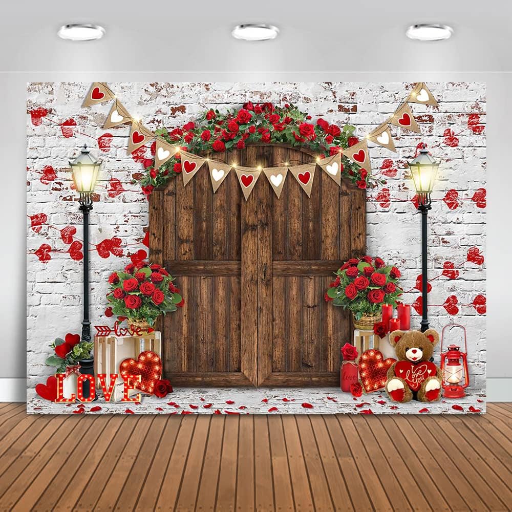 Rustic Wood Door Red Roses Backdrop Love Hearts Brick Wall Background