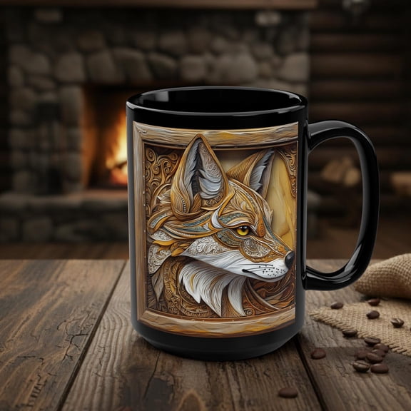 Rustic Wood Effect Coyote Coffee Cup, Animal Wilderness Art, Woodland Nature Mug, Unique Howling Coyote Gift, Ceramic Lodge Decor for Him