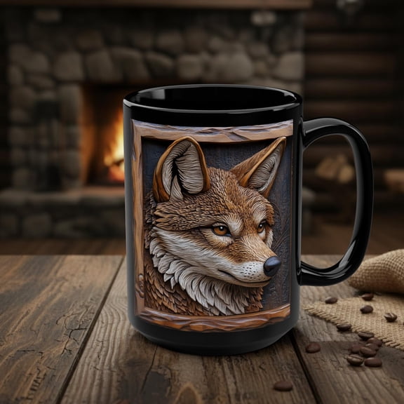 Rustic Wood Effect Coyote Coffee Mug, Animal Wilderness Art, Woodland Nature Mug, Unique Howling Coyote Gift, Ceramic Lodge Decor for Him