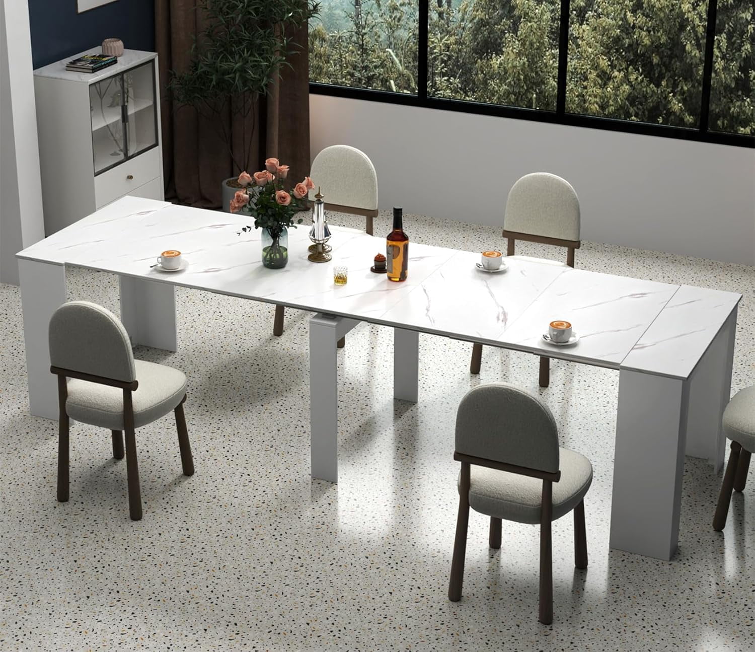 Rustic Wood Extendable Dining Room Table 118.11" Large Expandable Dining Tables for 6 8 10 12 People Industrial Extend Kitchen Table Space Saving for Family Gathering(White Marble)
