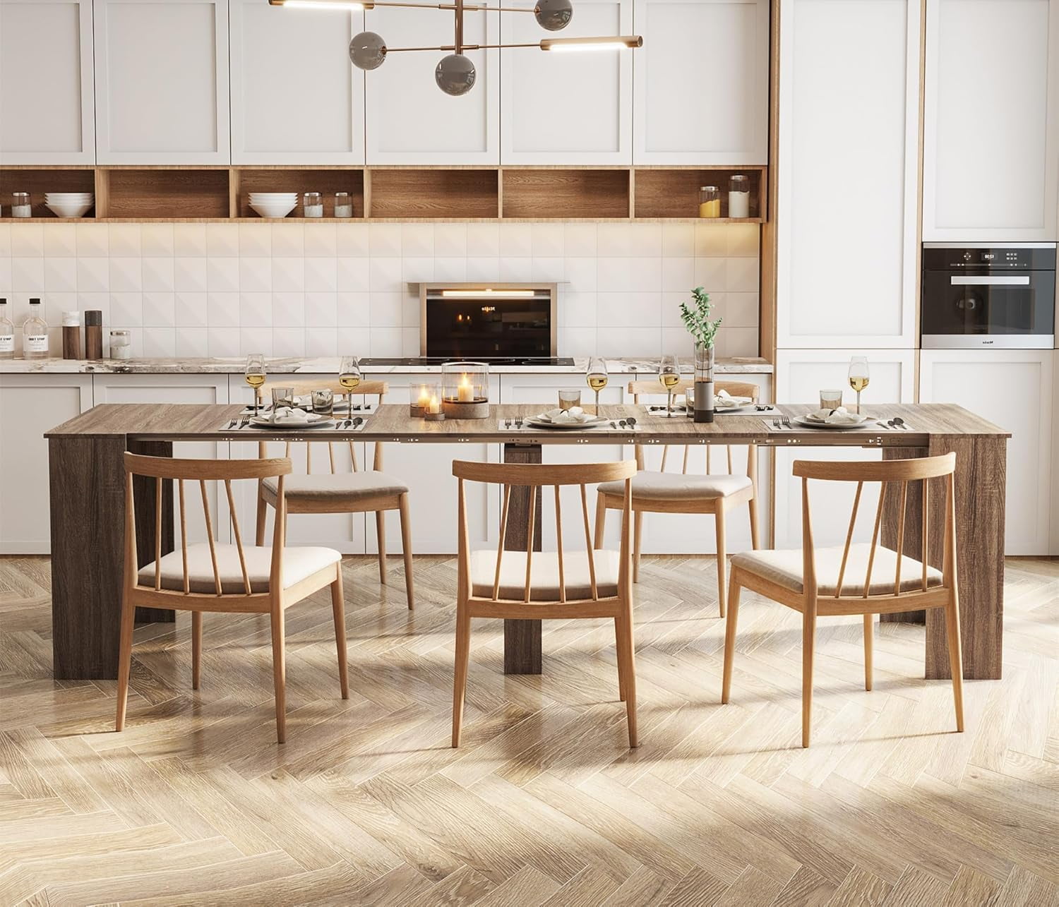 Rustic Wood Extendable Dining Room Table 118.5" Large Expandable Dining Tables for 6 8 10 12 People Industrial Extend Kitchen Table Space Saving for Family Gathering (Oak)