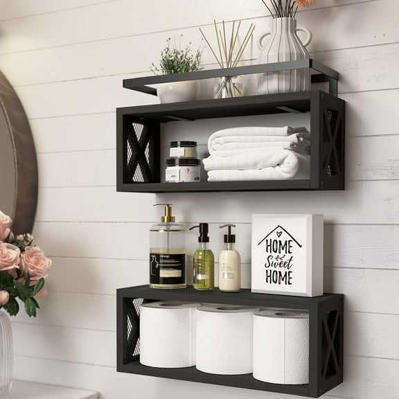 [Rustic Wood Floating Shelves] Rustic Wood Floating Shelves with Guardrail - Wall Decor, Farmhouse Bathroom Accessories, Wall Mounted Organizer Over Toilet Storage for Kitchen, Living Room