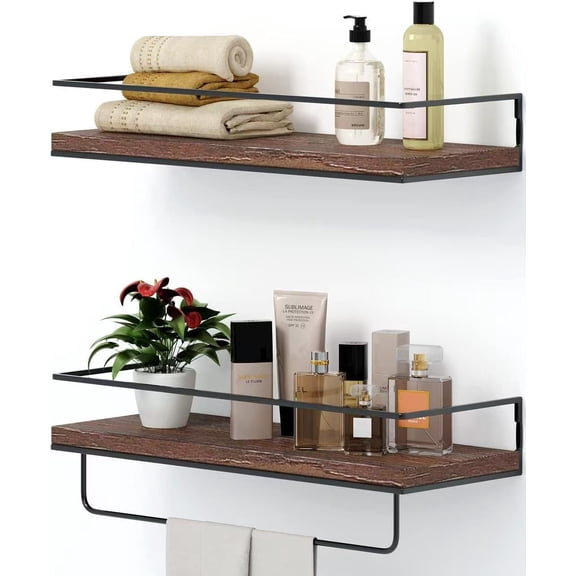 Rustic Wood Floating Shelves - Set of 2, Wall Mounted Hanging Shelves with Black Towel Rack, Decorative Storage Shelves for Bathroom, Kitchen, Living Room & Bedroom (Dark Carbonized Brown)