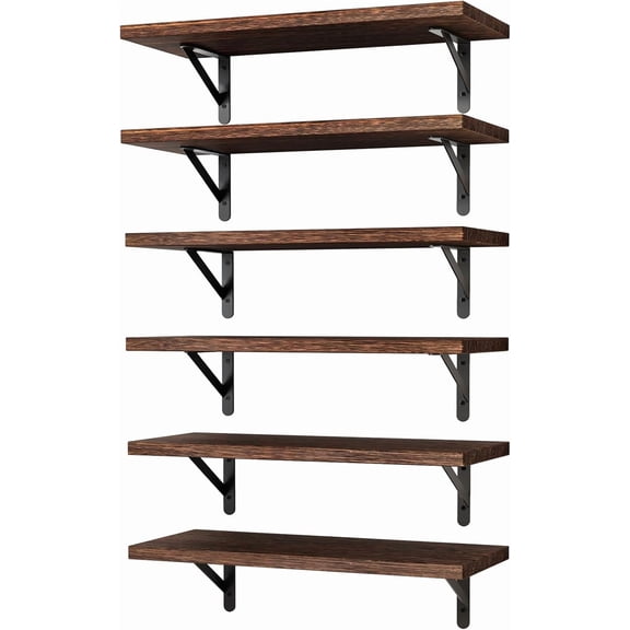Rustic Wood Floating Shelves, Wall Mounted with Triangle Brackets, 16.5 Inch, Set of 6 for Living Room and Kitchen, Brown / 16.5 x 6.1 x 0.59 inches