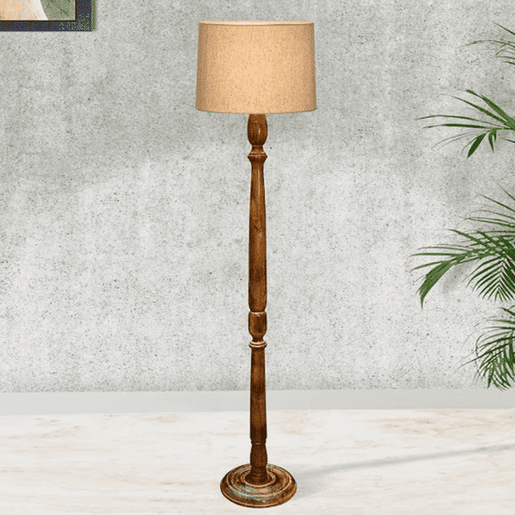 Rustic Wood Floor Lamp in Walnut Brown with Multicolor Fabric Lamp Shade | Light Decoration for Home Corner | Living Room & Bedroom Bedside Floor Lamp, Antique Floor Light, Hurricane, Jute