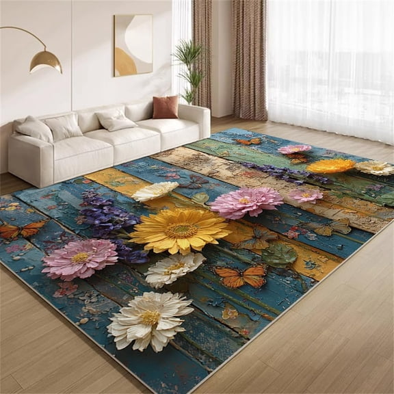 Rustic Wood Floral Butterfly Area Rugs, Vintage Board Carpet, Washable Non Slip Low Pile Soft Rug for Bedroom Living Room Decor Mat 2ftx3ft