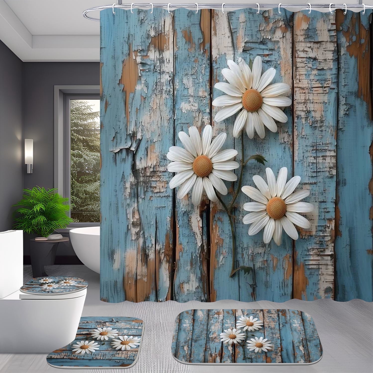 4pcs Rustic Wood and Blue Daisy Floral Farmhouse Shower Curtain Set
