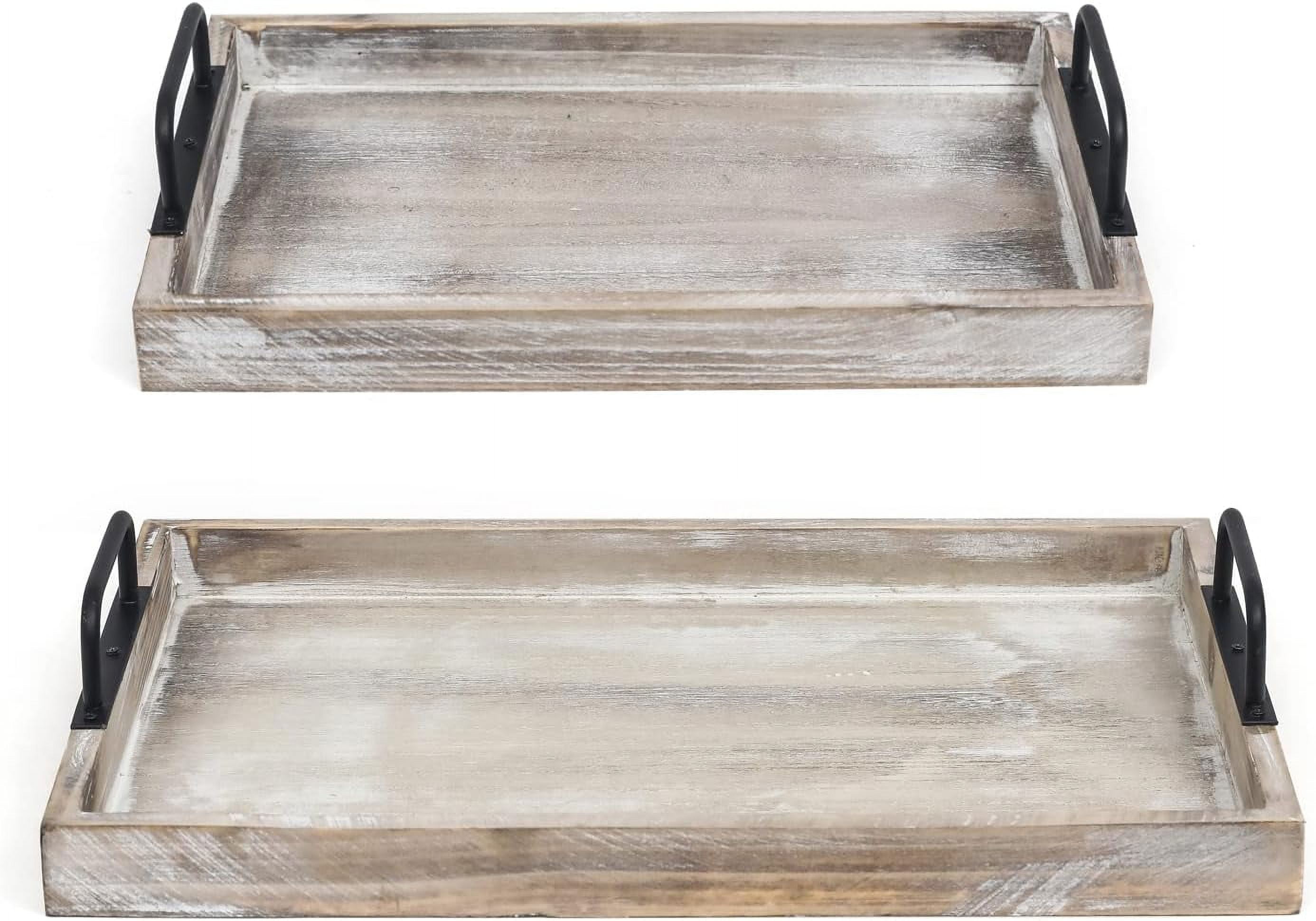 Rustic Wood Serving Trays Set Of 2 Nesting Wooden Display Platform With Metal Handles, Vintage