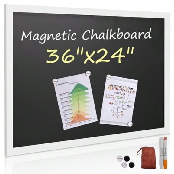 Rustic Wood Framed Magnetic Chalkboard 24 x 36 Large Hanging Chalk Board Sign for Non-Porous Wall Blackboard for Wedding Kitchen Restaurant Menu and Home with 4 Unique Magnets White
