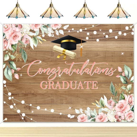 Rustic Wood Graduation Banner Pink Floral Grad Banner for Photography Congratulations Graduate Party Decorations Background