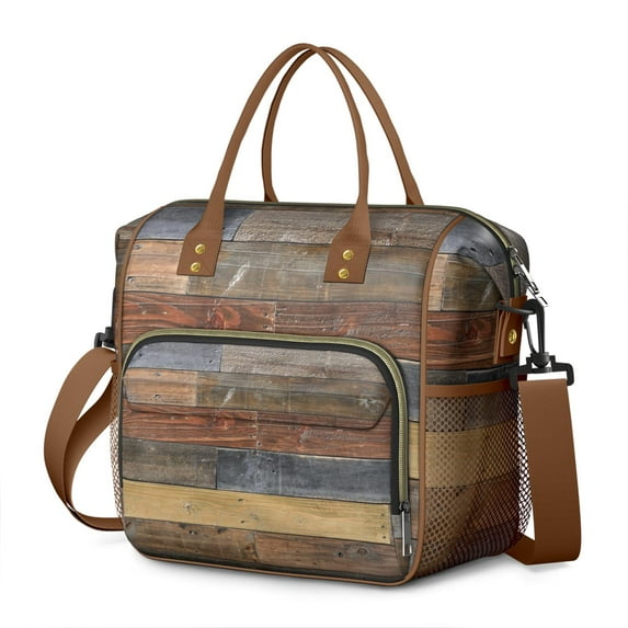 Rustic Wood Grain Insulated Lunch Bag – Vintage Wood Texture Reusable Lunch Box for Adults with Dual Compartment, Waterproof, Foldable Cooler Tote for Work, Picnic, Farmhouse Style Gift
