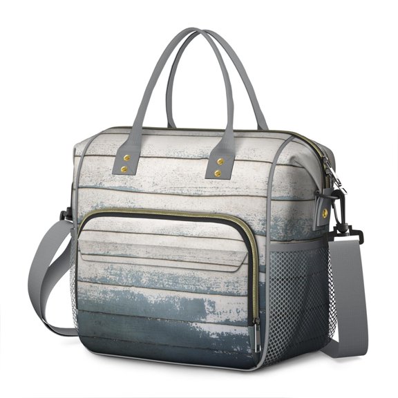 Rustic Wood Grain Insulated Lunch Bag – Vintage Wood Texture Reusable Lunch Box for Adults with Dual Compartment Waterproof Foldable Cooler Tote for Work Picnic Farmhouse Style Gift