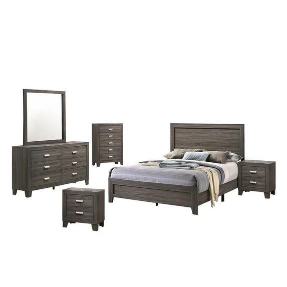 Rustic Wood Gray 6pc Bedroom Set in Full Size with Chest and 2 Nightstands