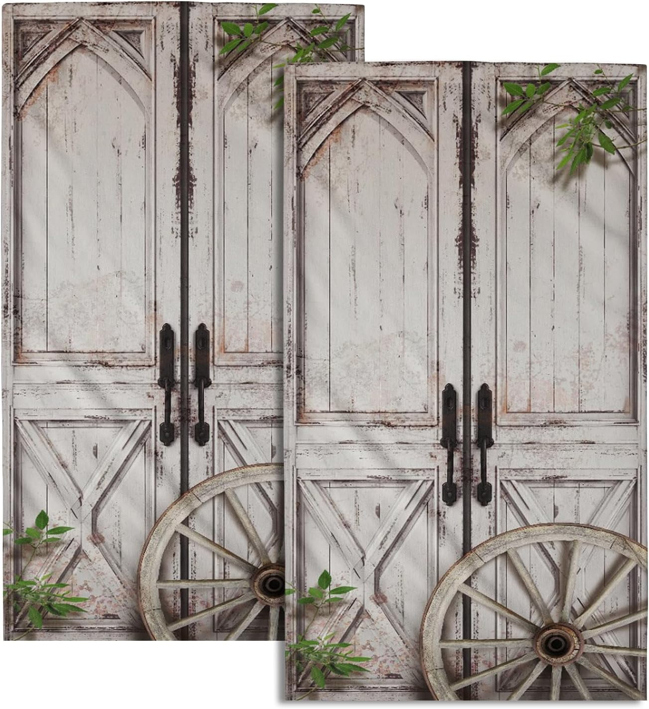 Rustic Wood Hand Towels Set of 2 Barn Door Dish Towels Soft Absorbent Decorative Fingertip Bath Towel for Bathroom Gym Hotel Home