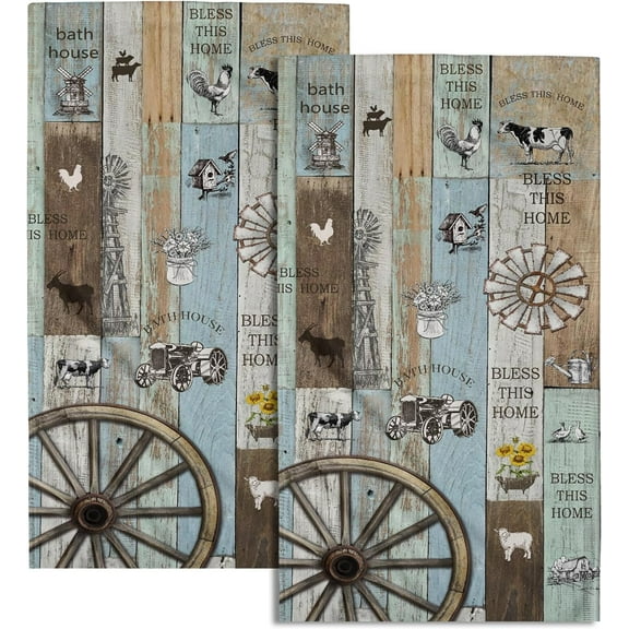 Rustic Wood Hand Towels Teal Green Brown Bathroom Towel Face Guest Towels Set of 2 Country Fingertip Towel for Home,Gym,Spa,Hotel