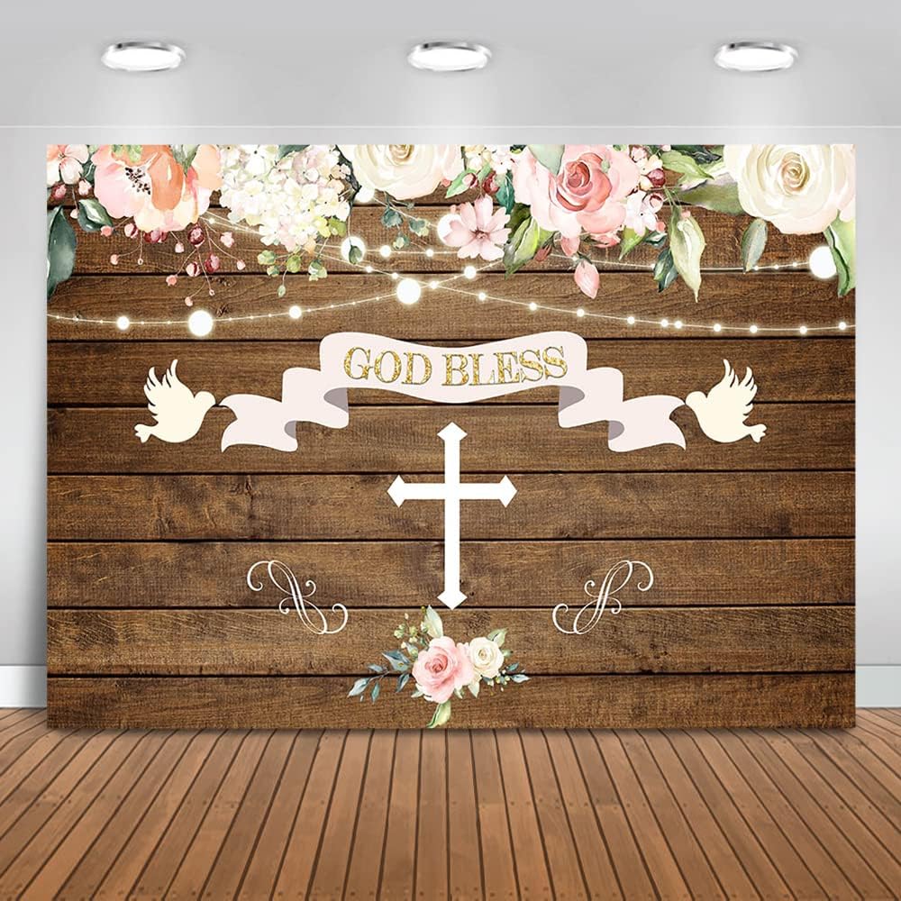 Rustic Wood Holy Baptism Backdrop Watercolor Flowers Christening Party Photography Background