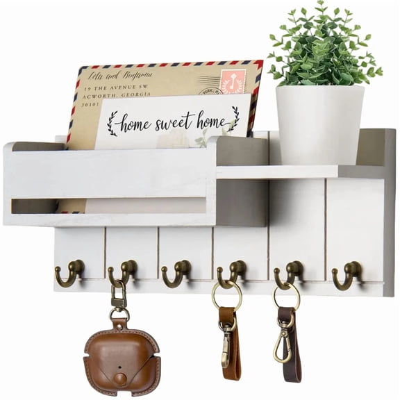 Rustic Wood Key Holder with Shelf Wall Mounted Decorative Key Rack And Mail Organizer 6 Key Hooks for Living Room Entrance