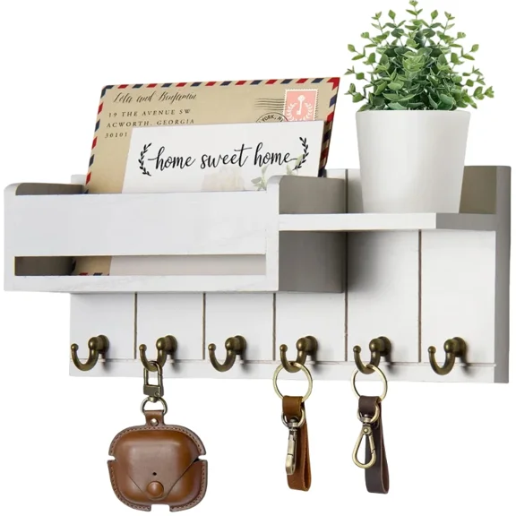 Rustic Wood Key Holder with Shelf Wall Mounted Decorative Key Rack And Mail Organizer 6 Key Hooks for Living Room Entrance