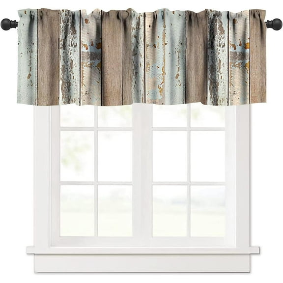 Rustic Wood Kitchen Valances Window Curtain, Brown Wooden Blue Wood Plank Wall Board Window Treatment Valances for Bedroom Kitchen Decor with Rod Pocket