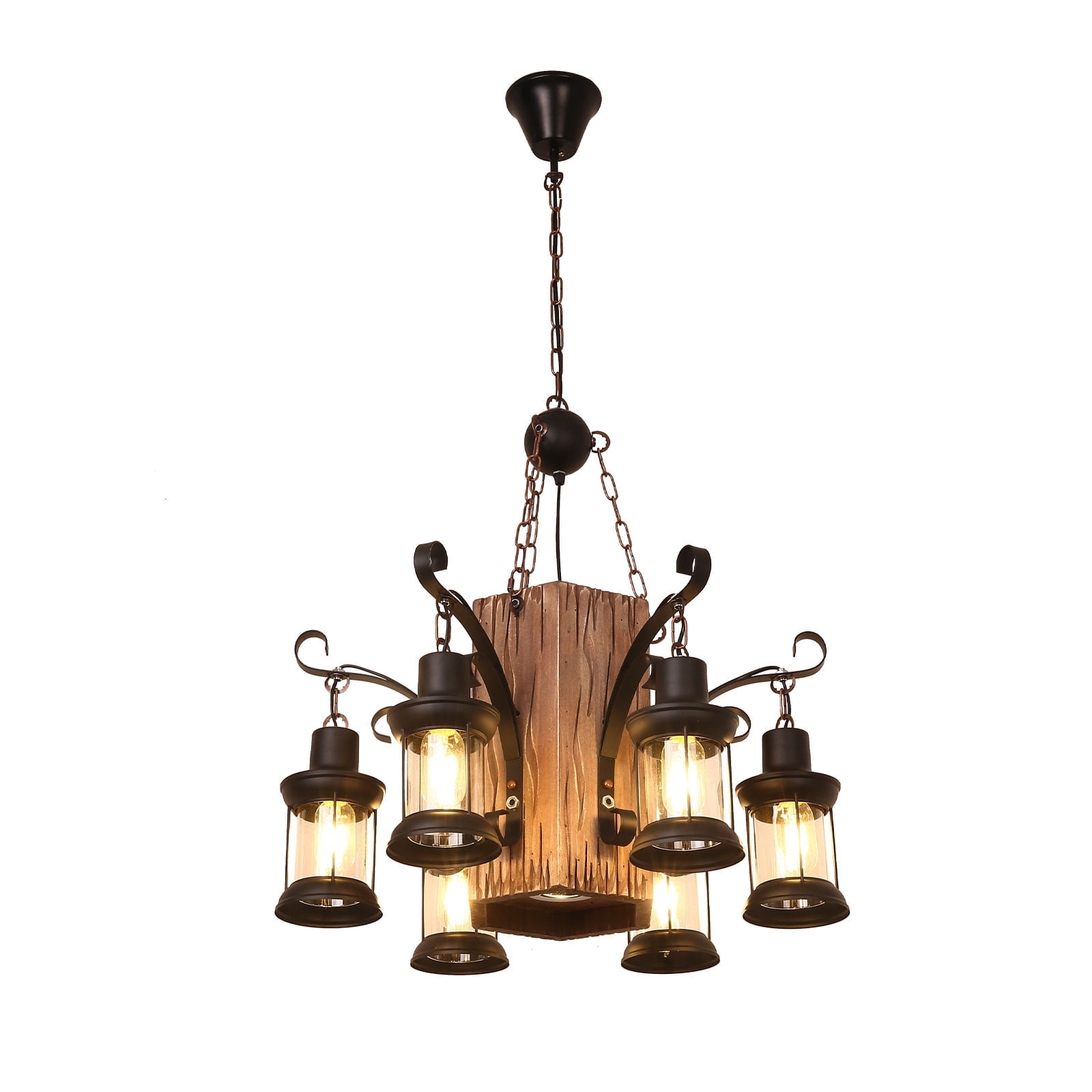Rustic Wood Lantern Chandelier, 6-Light Farmhouse Pendant Light Height Adjustable Hanging Ceiling Light Fixture with Glass Lampshade