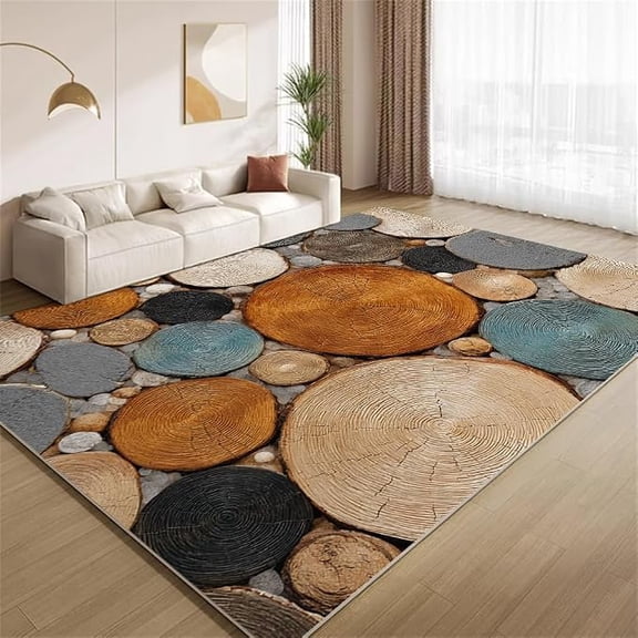 Rustic Wood Log Slices Area Rugs, 3D Abstract Tree Rings Rugs, Ultra Soft Washable Non Slip Carpet for Bedroom Living Room Study Kids Room Office Home Decor Mats 5 x 7ft