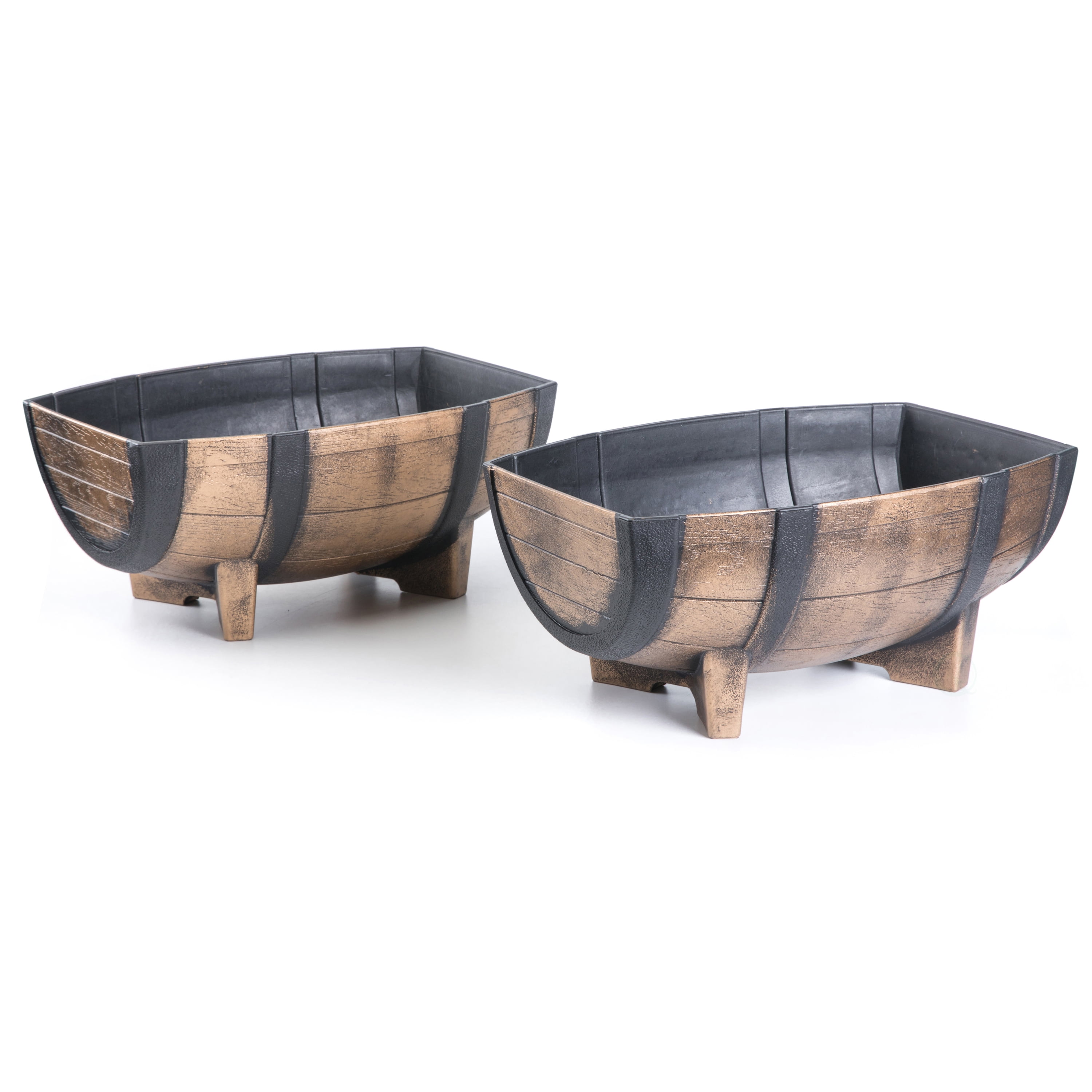 Rustic Brown and Black Plastic Half Barrel Planter Set