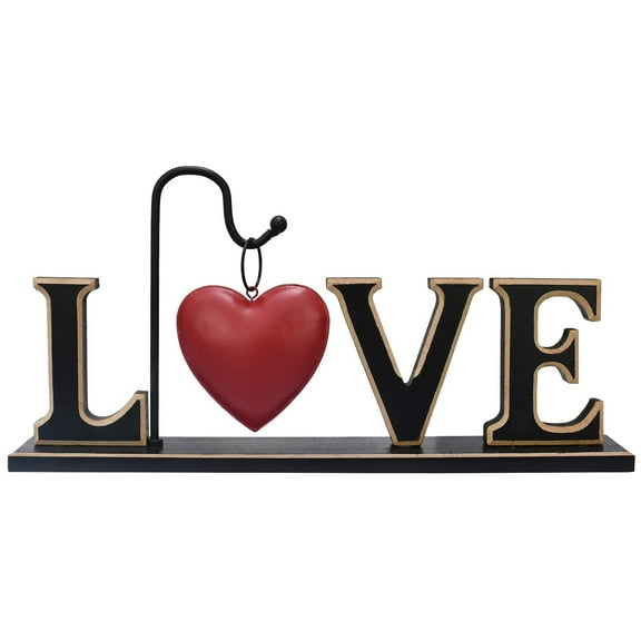 Rustic Wood Love Table Sign Freestanding Cutout Love Table Centerpiece Sign with Hanging Love Heart