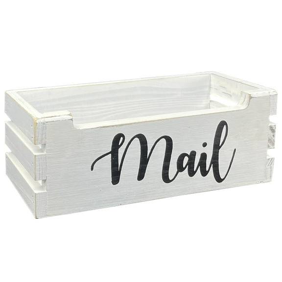 Rustic Wood Mail Holder Storage Box, Mail Letter Holder, Farmhouse Mail Organizer Countertop, Desktop Organizer Bin with Mail Script Design - White