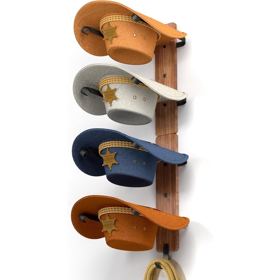 Rustic Wood & Metal Cowboy Hat Wall Rack - 4 Hook Holder for Western, Fedora & Sun Hats