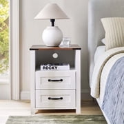 Rustic Wood Nightstand, Farmhouse Bedside Table with 2 Drawers & Open Shelf, Modern End Table for Bedroom, White