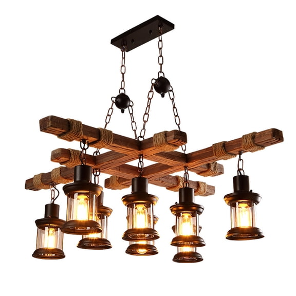 Rustic Wood Pendant Light Wooden Light Fixtures, 8 Lights Height Adjustable Farmhouse Chandelier Vintage Pendant Hanging Ceiling Lamp for Dining Table, Vintage Kitchen, Bar, Island, Billiard