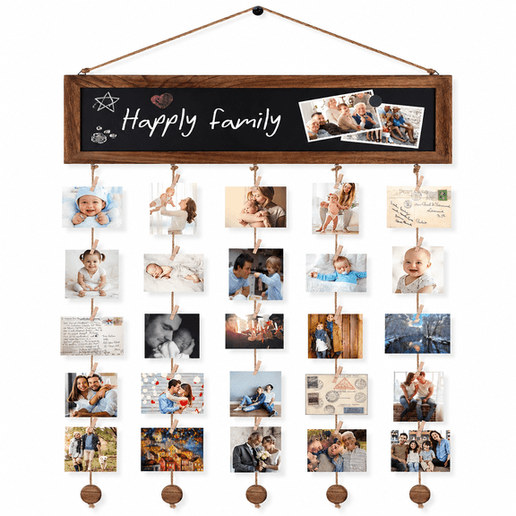 Rustic Wood Photo Collage Wall Decor with Blackboard & Clips, Multi Photo Hanging Display for Home Office