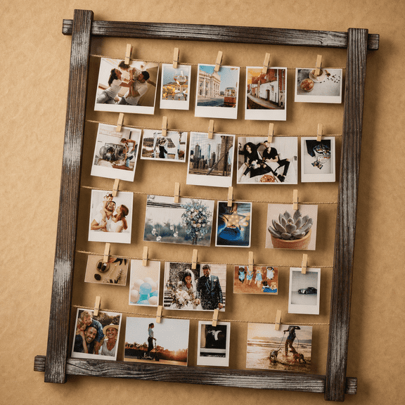 Rustic Wood Photo Wall Display Collage Board with 35 Clips