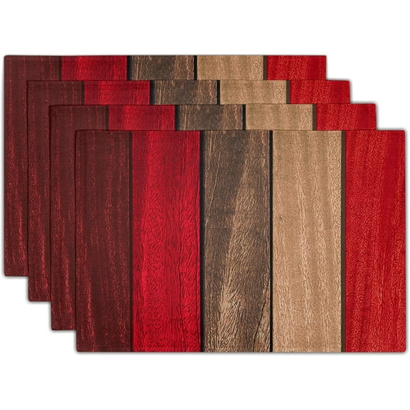 Rustic Wood Placemats Set of 4- Retro Red Brown Wooden Board Linen Place Mat 12x18 Inch- Farmhouse Country Style Washable Heat Resistant Table Mats for Kitchen Dining Cabin Decor