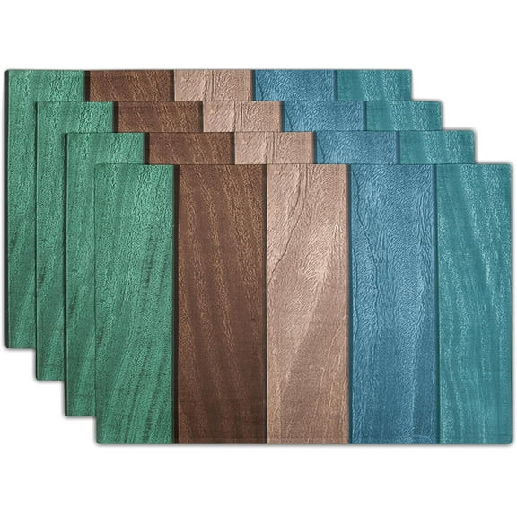 Rustic Wood Placemats Set of 4- Vintage Teal Brown Wooden Board Linen Place Mat 12x18 Inch- Farmhouse Country Style Washable Non-Slip Table Mats for Kitchen Dining Cabin Decor