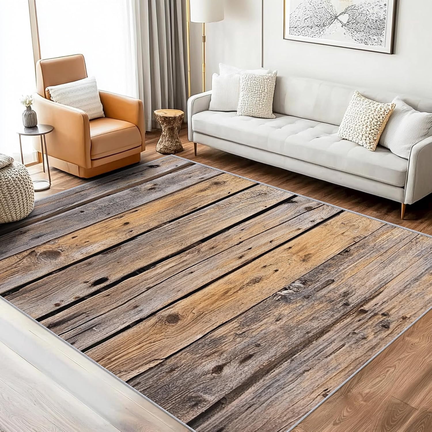 Rustic Washable Rugs Rustic Wood Plank Area Rugs, Brown Distressed Farmhouse Carpet ...