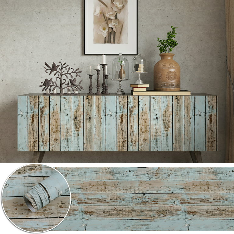 Rustic Wood Plank Contact Paper Peel and Stick 17.7''x100'' Self Adhesive  Removable Wallpaper Blue Wood Plank Vinyl Decorative Matte Wood Look Wall