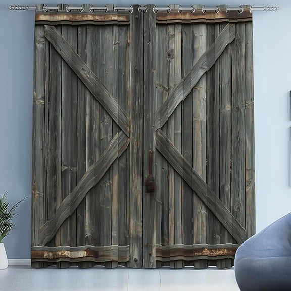 Rustic Wood Plank Curtains For Living Room, Farmhouse Village Rural Blackout Curtain Grommet Thermal Insulated Noise Reduction, Barn Door Drapes For Bedroom 42"W x 63"L (Pack of 2)